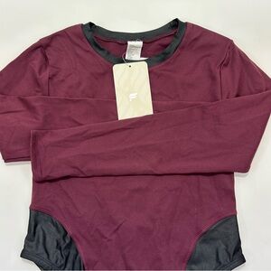 CCO Fabletics Burgundy and Black Long Sleeve Bodysuit XS NWT